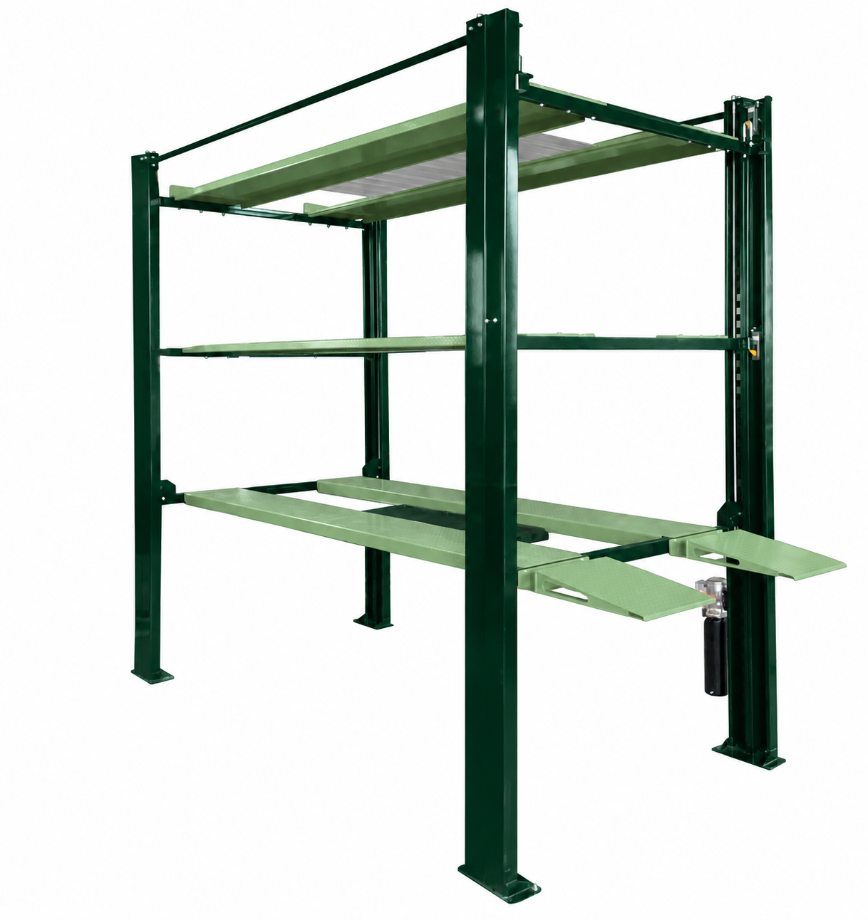 Dark green posts with light green runways